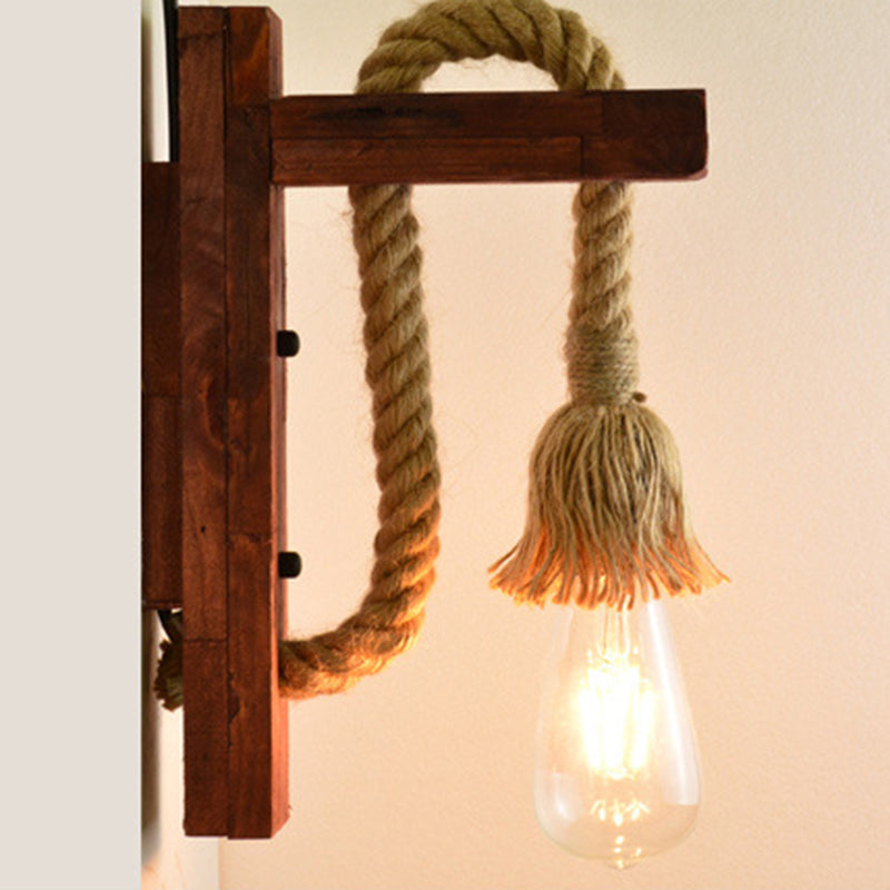 Traditionelle Vintage Rechteck Holz Hanfseil 1-Licht Wandleuchte Lampe Für Wohnzimmer