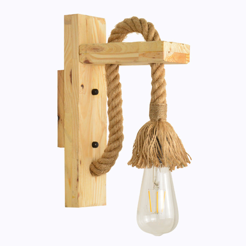 Traditionelle Vintage Rechteck Holz Hanfseil 1-Licht Wandleuchte Lampe Für Wohnzimmer