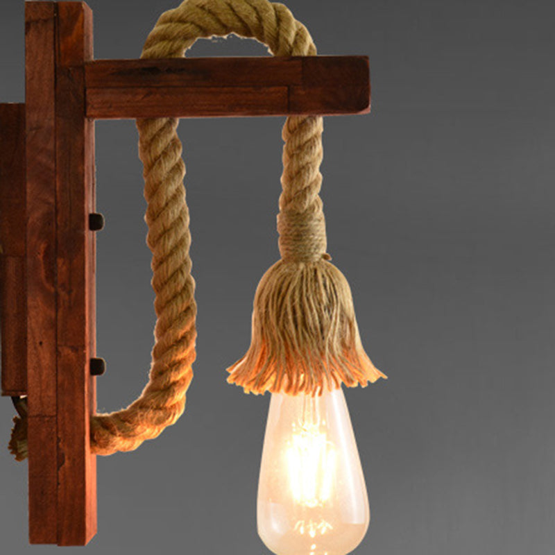 Traditionelle Vintage Rechteck Holz Hanfseil 1-Licht Wandleuchte Lampe Für Wohnzimmer