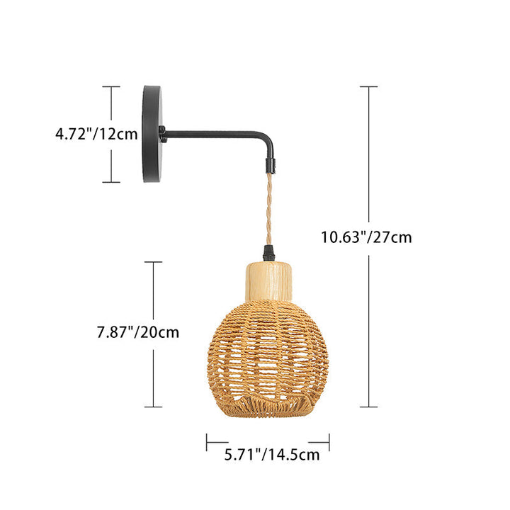 Traditionelle japanische ovale Eisen Holz Rattan 1-Licht Wandleuchte Lampe für das Wohnzimmer