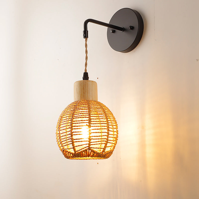 Traditionelle japanische ovale Eisen Holz Rattan 1-Licht Wandleuchte Lampe für das Wohnzimmer