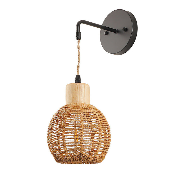 Traditionelle japanische ovale Eisen Holz Rattan 1-Licht Wandleuchte Lampe für das Wohnzimmer